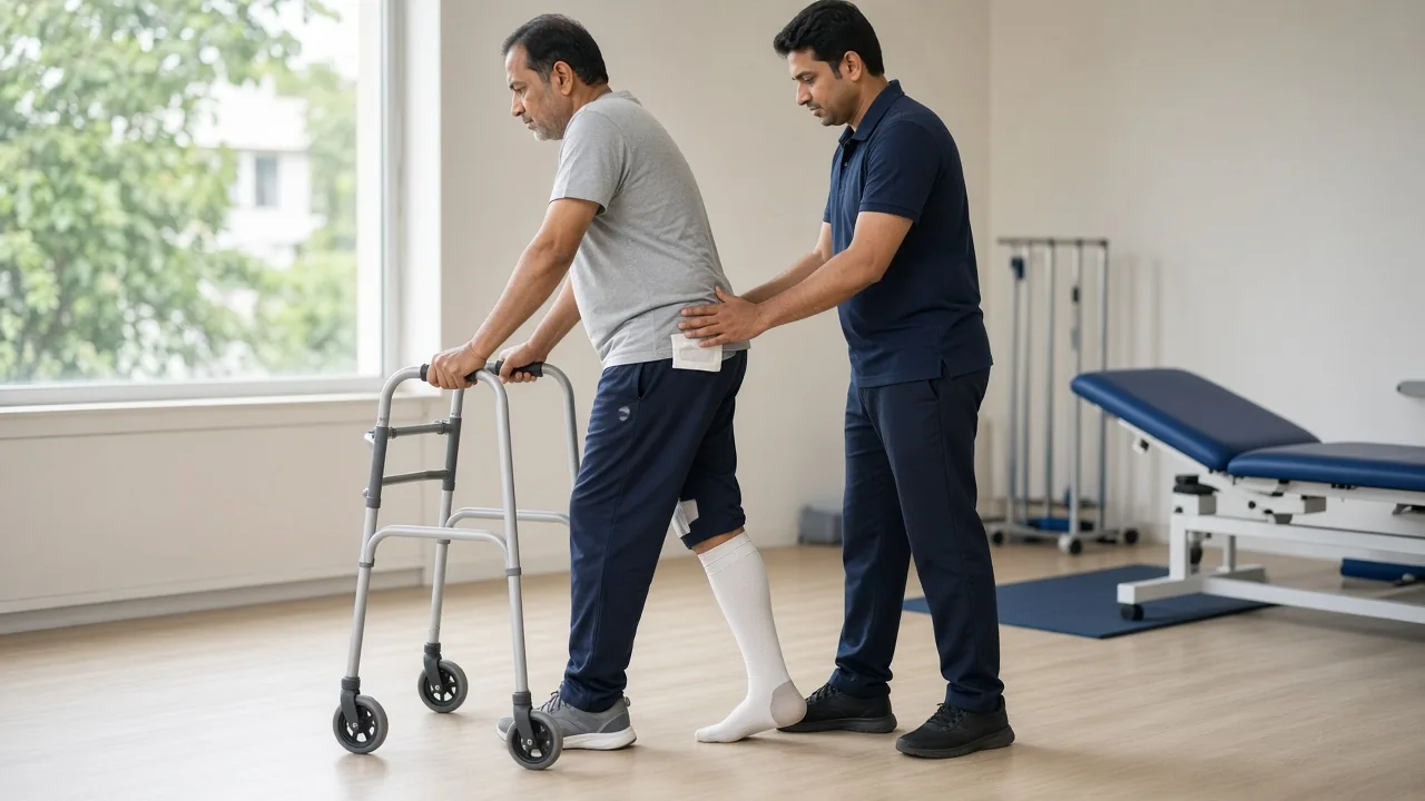 Adult patient walking with a walker during physiotherapy after hip replacement while a therapist supports the operated hip