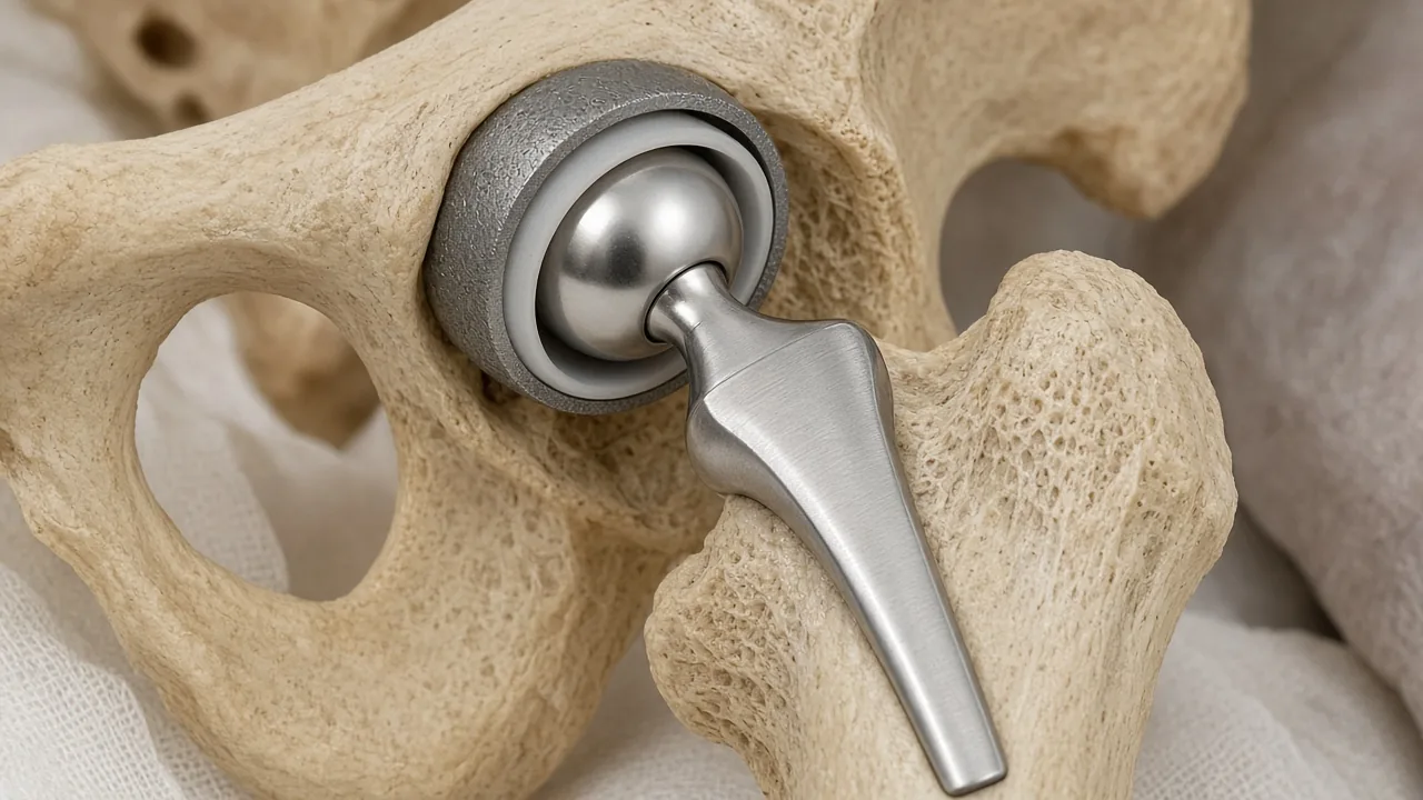 Total hip replacement implant seated in an adult pelvis and proximal femur, with a femoral stem, femoral head and acetabular cup