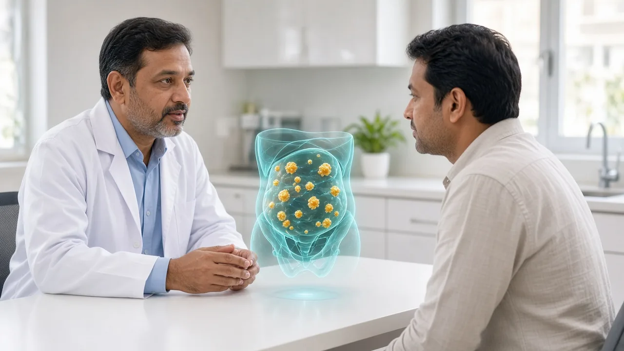 Indian surgical oncologist explaining a holographic peritoneal-cavity model with gold tumour spots during a HIPEC consult