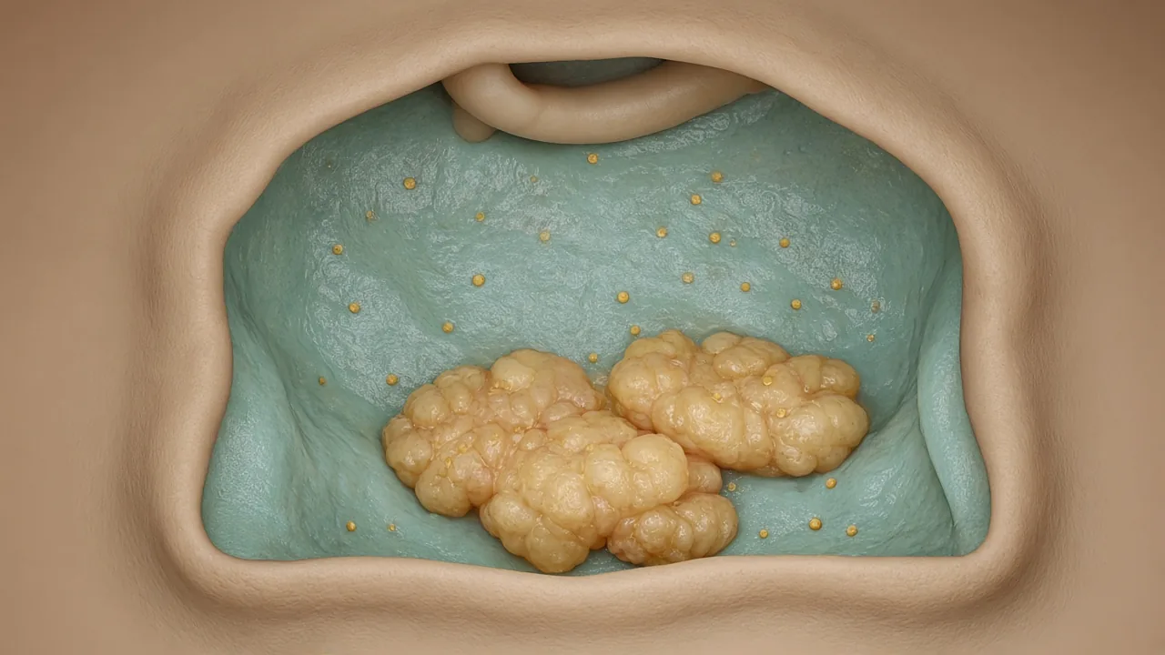 Educational view of peritoneal surfaces after cytoreduction, with only tiny residual gold spots suggesting microscopic disease