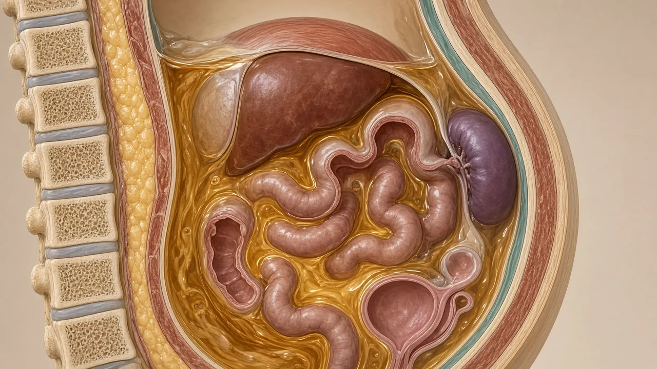 Educational cross-section of an abdomen with warm chemotherapy fluid circulating inside the peritoneal cavity