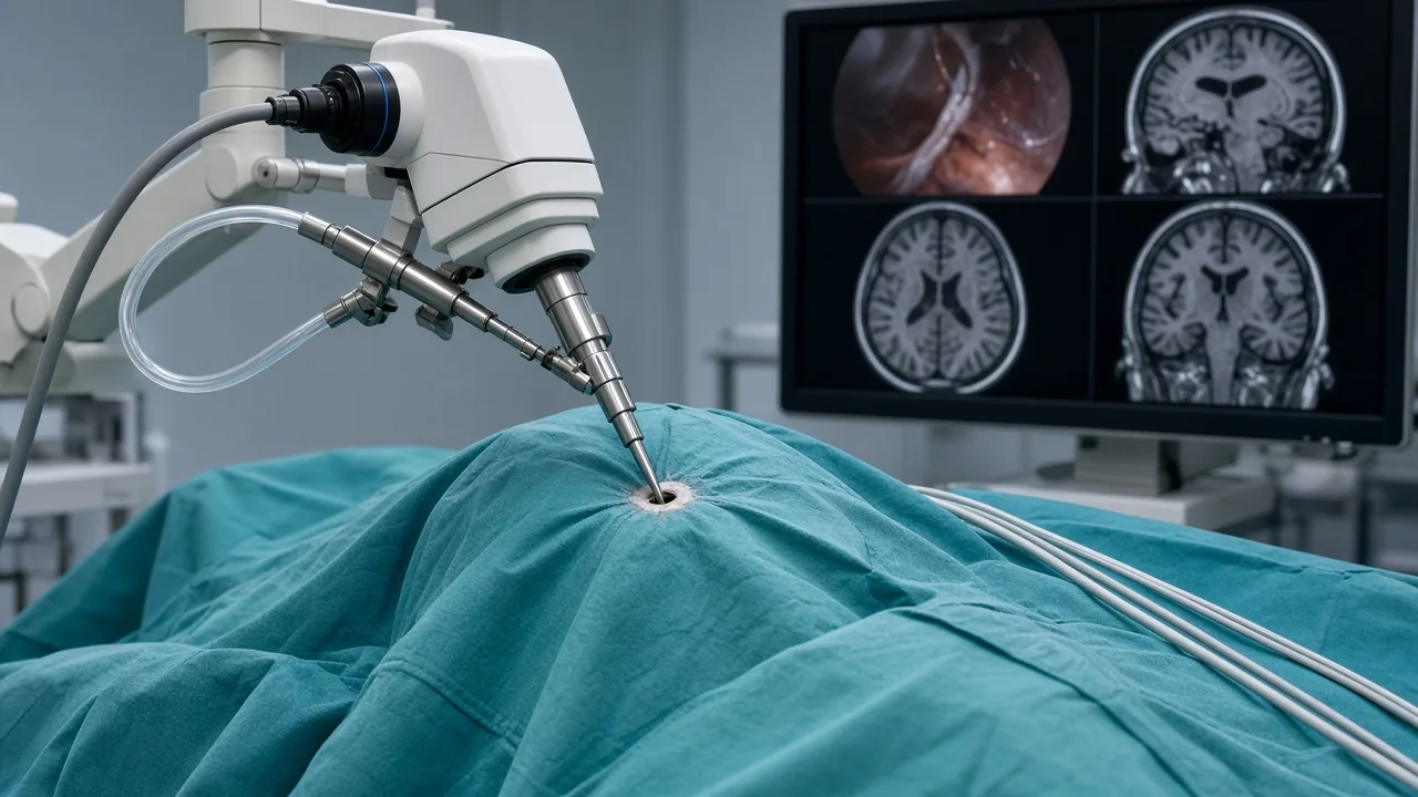 Neuroendoscope introduced through a small cranial opening during ETV