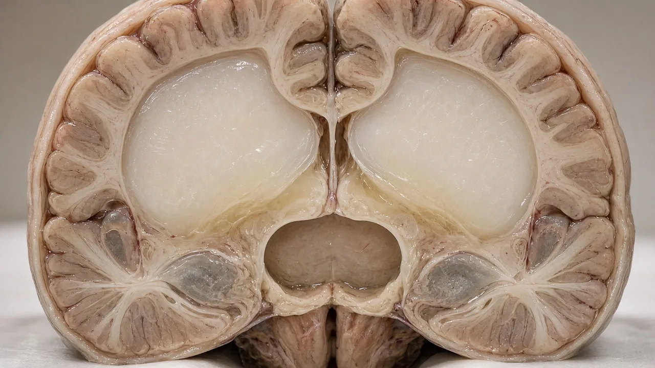 Enlarged cerebral ventricles in hydrocephalus with thinned surrounding brain tissue
