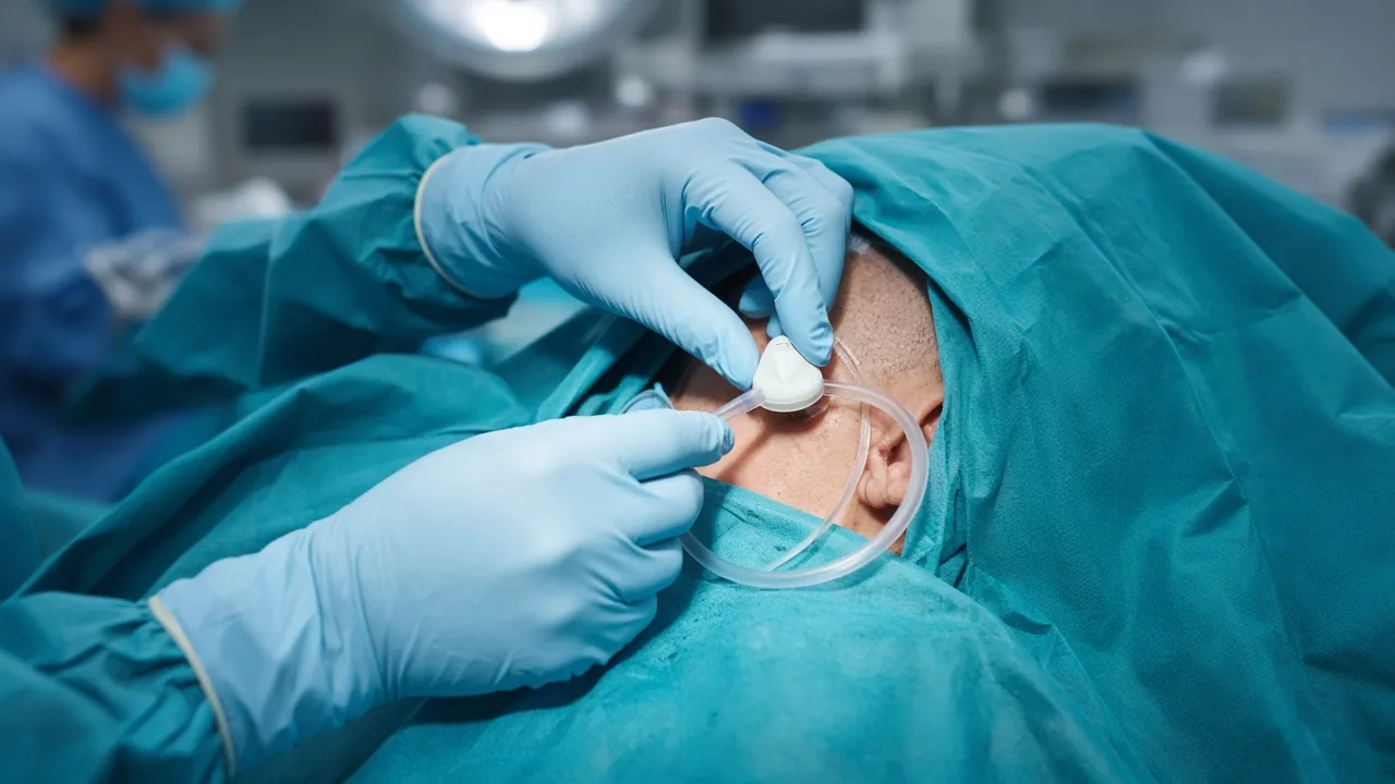 VP shunt valve and tubing placed under sterile drapes during hydrocephalus surgery