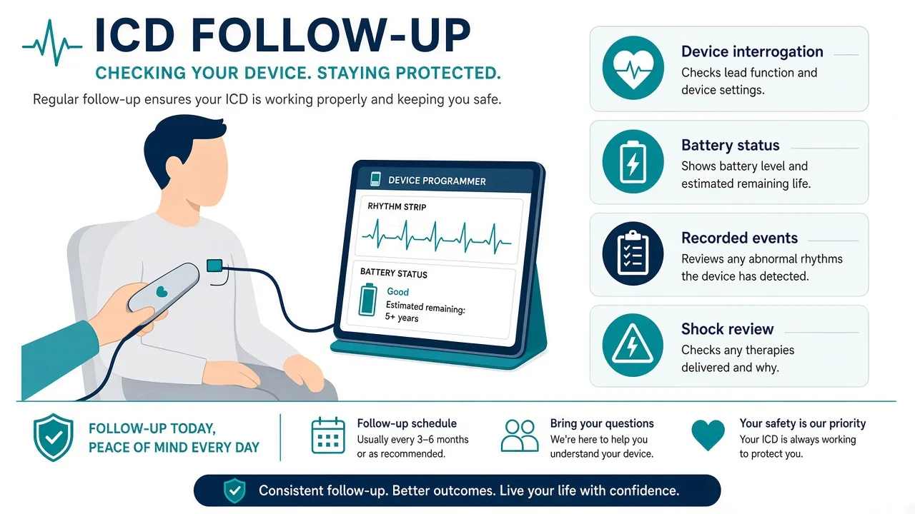 Educational illustration of ICD interrogation, battery status and shock review at follow-up