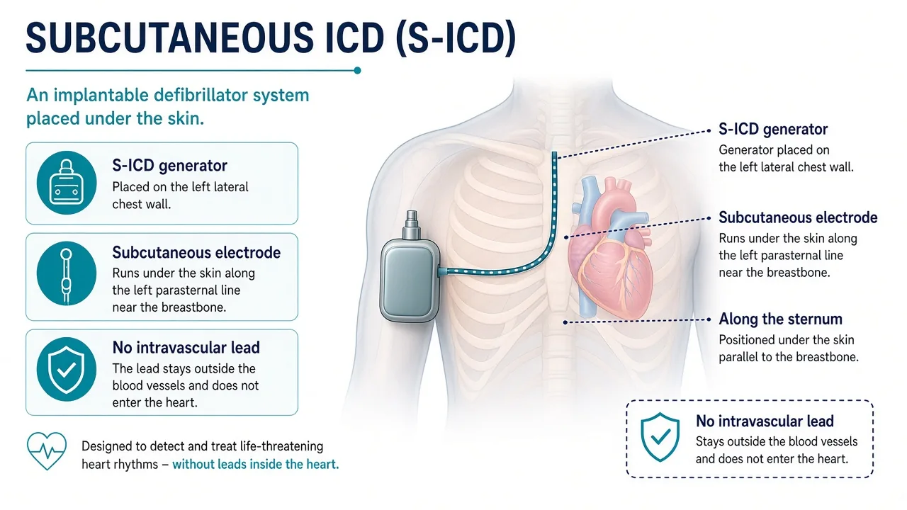 Educational illustration of a subcutaneous ICD generator and parasternal electrode