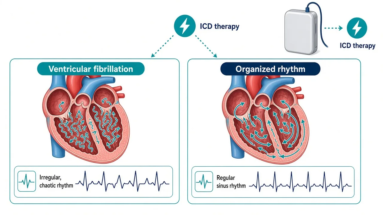 Educational illustration of ventricular fibrillation versus an organized heart rhythm and ICD therapy