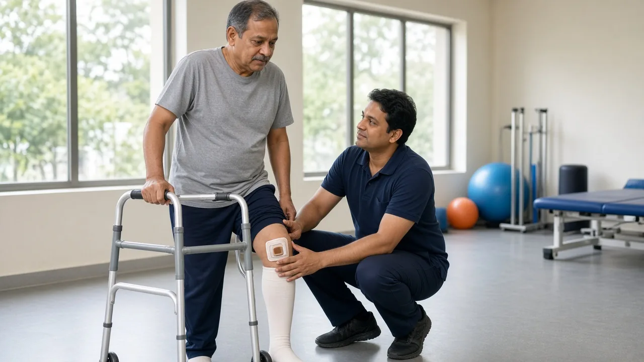 Adult patient walking with a walker during physiotherapy after knee replacement while a therapist supports the operated knee