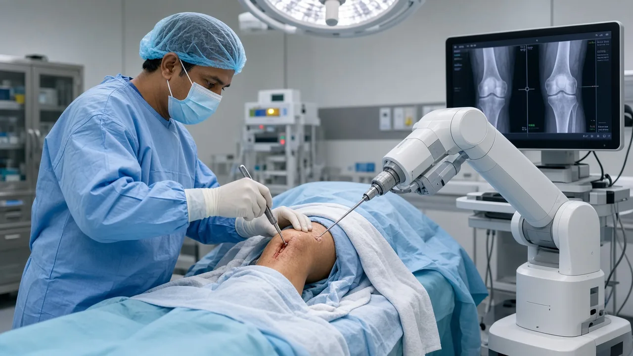 Orthopaedic surgeon performing robotic-assisted knee replacement while a robotic arm assists bone preparation in an operating theatre