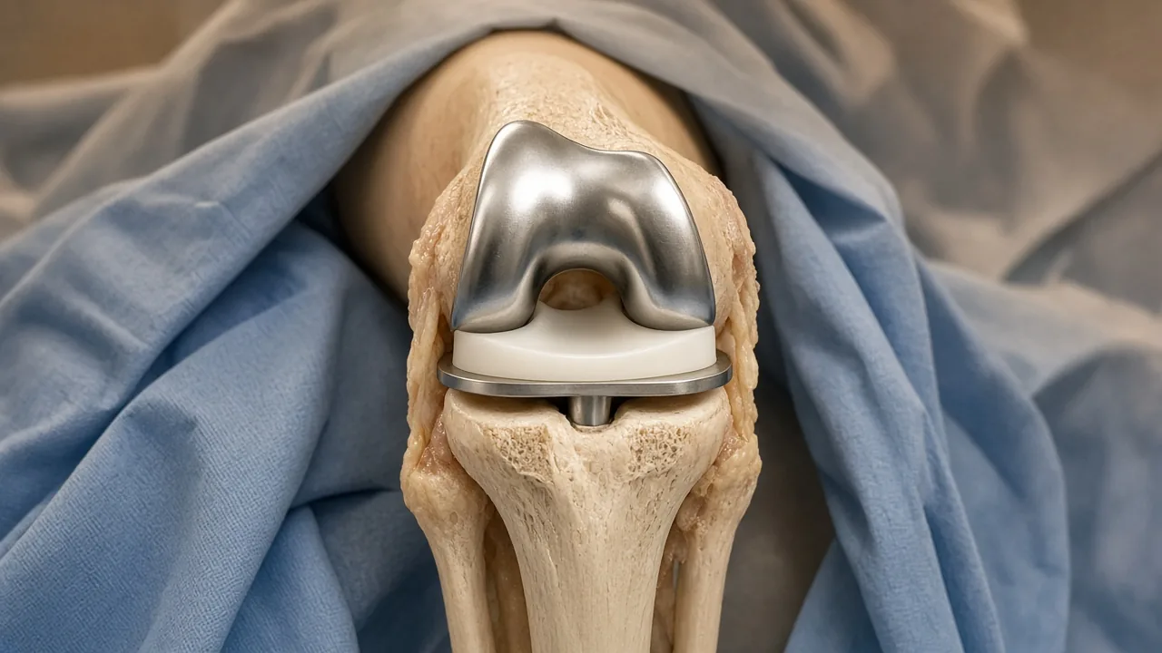 Total knee replacement implants seated on the femur and tibia with a polyethylene insert between the metal components