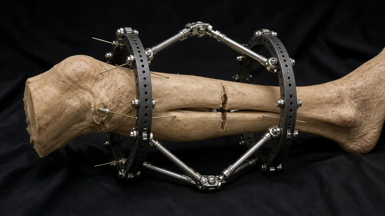 Adult anatomical lower-leg specimen with a circular external ring fixator applied to the tibia for gradual lengthening
