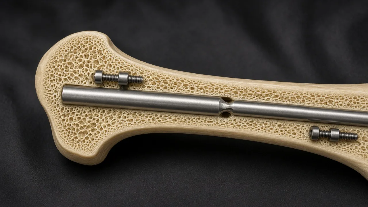 Adult anatomical femur specimen with a telescopic internal lengthening nail in the canal at a midshaft osteotomy