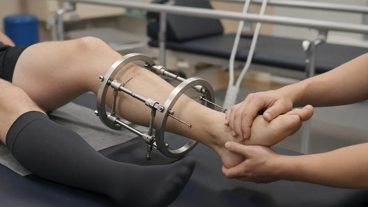 Adult patient in physiotherapy after tibial lengthening, with a circular frame in place while ankle dorsiflexion is assisted