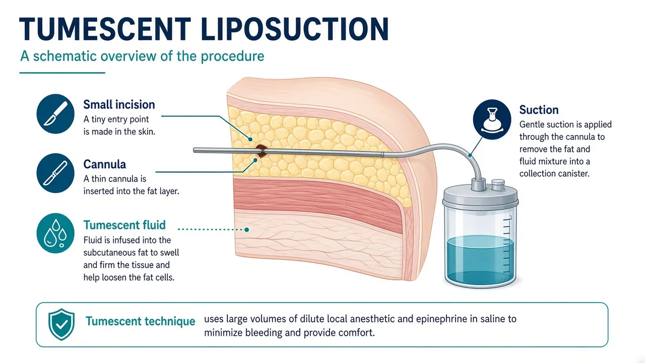 Clinical illustration of a cannula working in the subcutaneous fat layer during tumescent liposuction