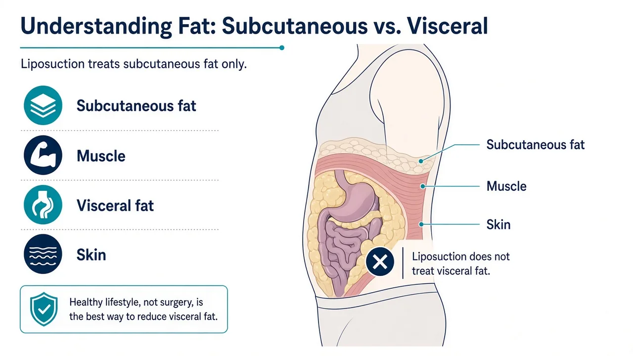 Medical illustration distinguishing subcutaneous fat, which liposuction can treat, from visceral fat around organs, which it cannot