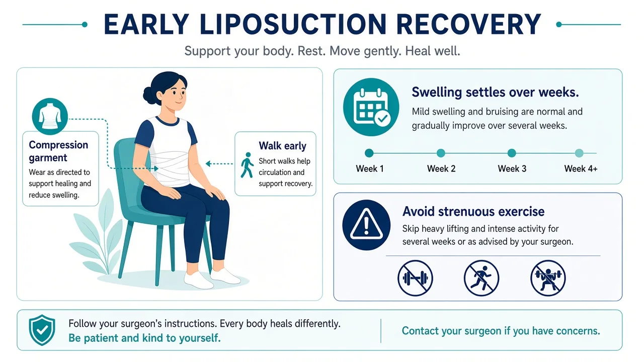 Liposuction recovery pathway showing compression garment use, early walking and swelling that settles over weeks