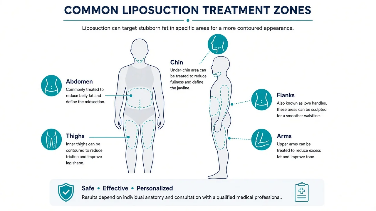 Educational body map of common liposuction zones including abdomen, flanks, thighs, arms and chin