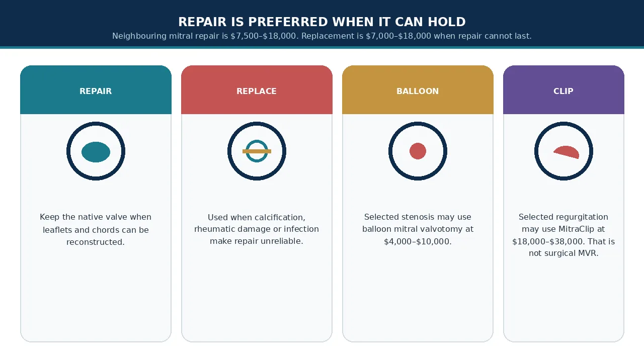 Educational illustration comparing repair, replacement, balloon valvotomy and MitraClip