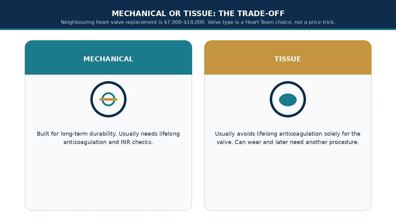 Educational illustration of mechanical versus tissue mitral prostheses