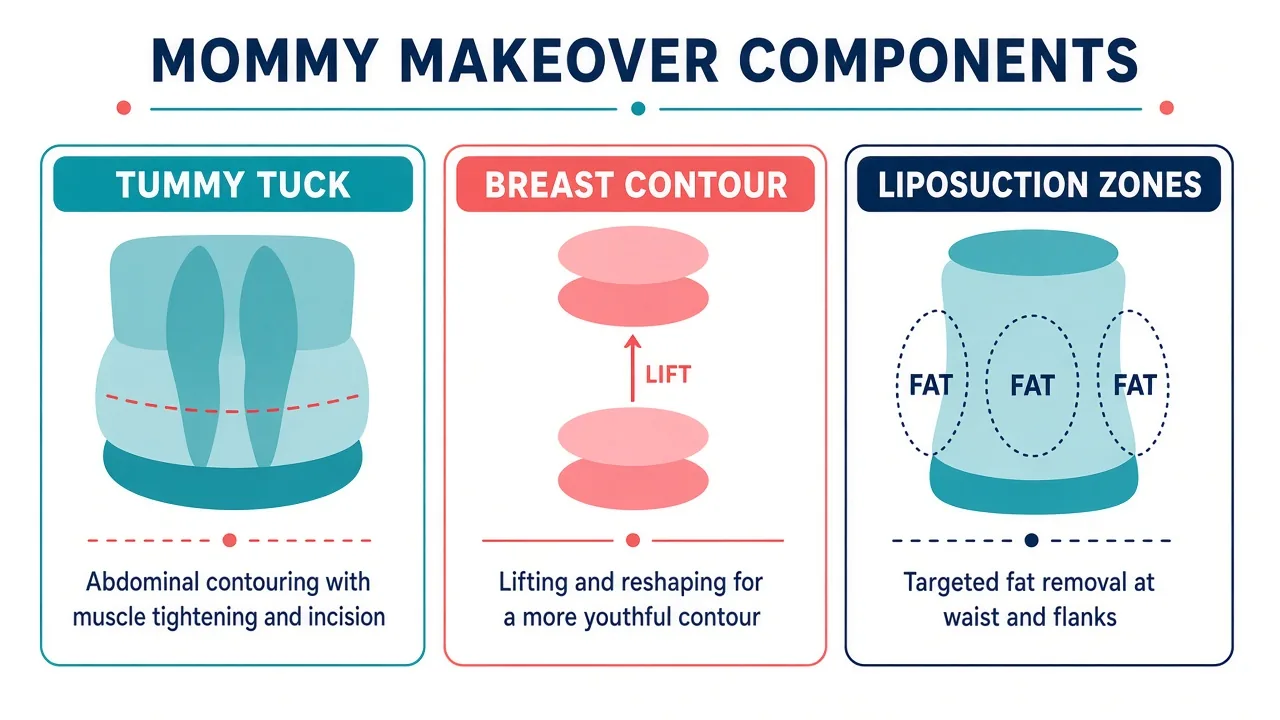 Canva-style diagram of tummy tuck, breast contour and liposuction zones as mommy-makeover components
