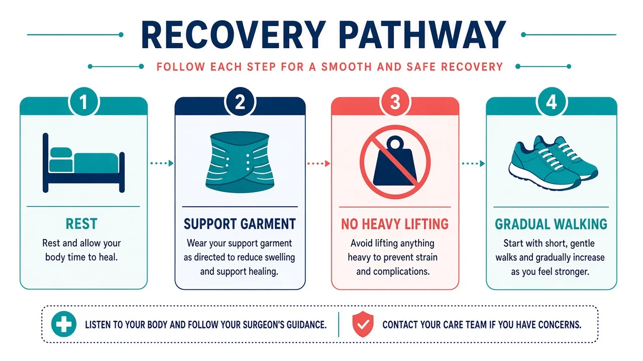 Mommy-makeover recovery pathway showing rest, a support garment, no heavy lifting and gradual walking