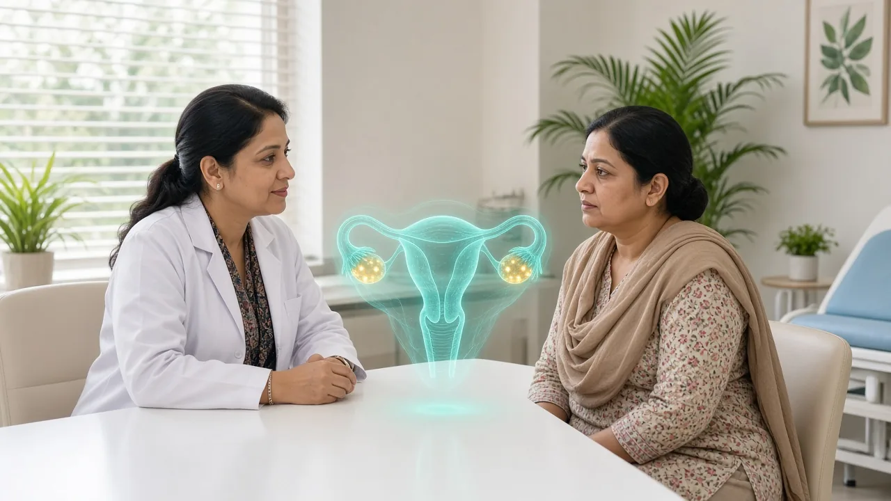 Gynecologic oncologist reviewing a pelvic overlay with a patient in clinic