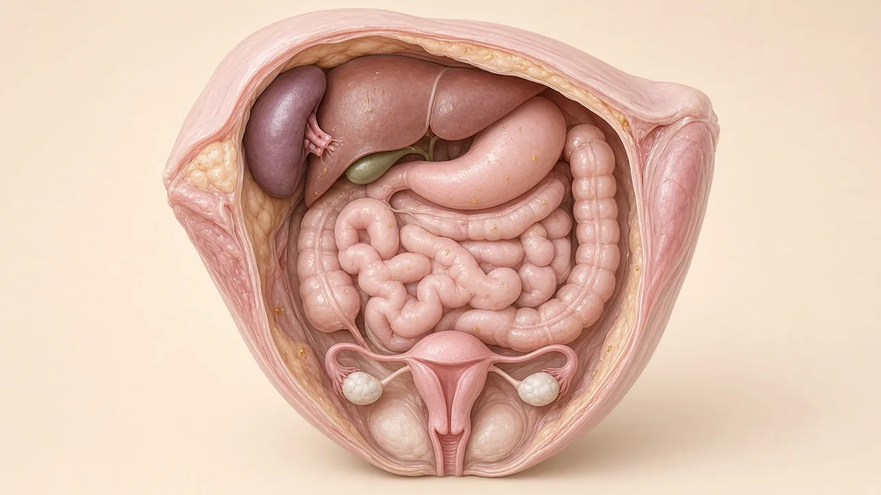Educational view of peritoneal surfaces after ovarian cytoreduction, with only tiny residual gold spots