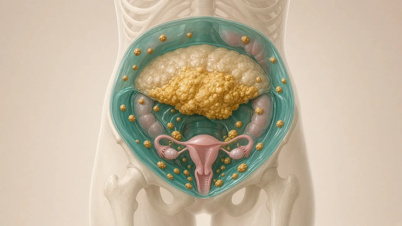 Transparent abdomen showing gold peritoneal and omental deposits from advanced ovarian cancer