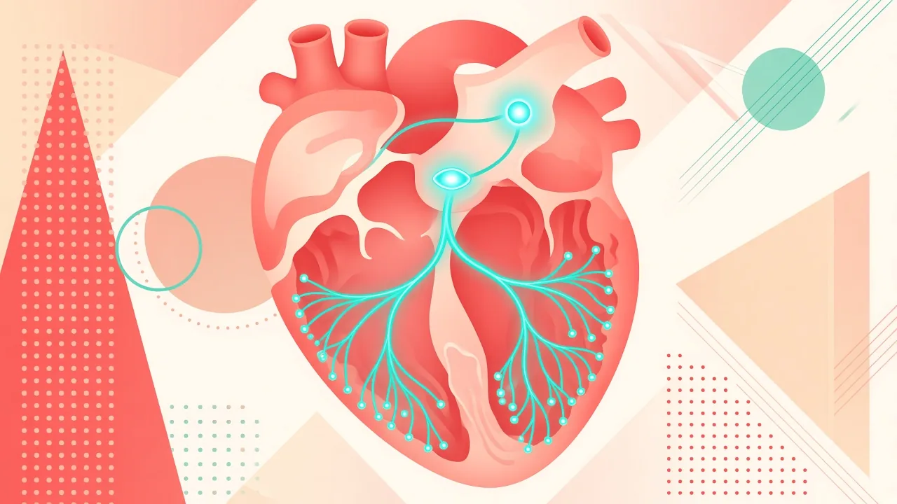 Educational illustration of the heart conduction system from sinus node to bundle branches