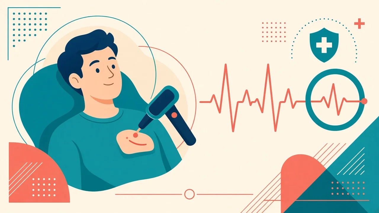 Educational illustration of pacemaker interrogation at follow-up