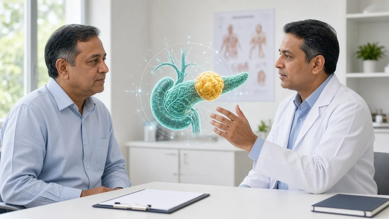 Indian HPB surgeon explaining a holographic pancreas model with a gold tumour overlay during a multidisciplinary clinic