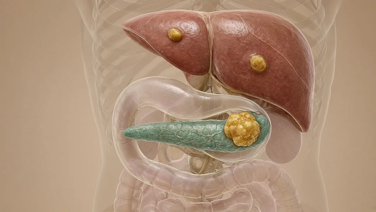 Transparent adult abdomen showing a pancreatic tumour and gold liver metastases used to explain stage IV pancreatic cancer