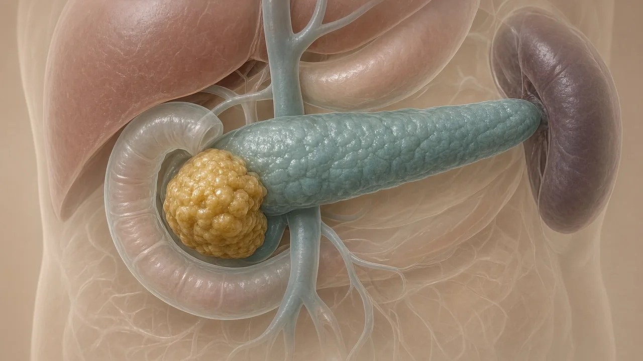 Anatomical view of a pancreatic-head tumour beside the duodenum, bile duct and nearby vessels used to explain resectability