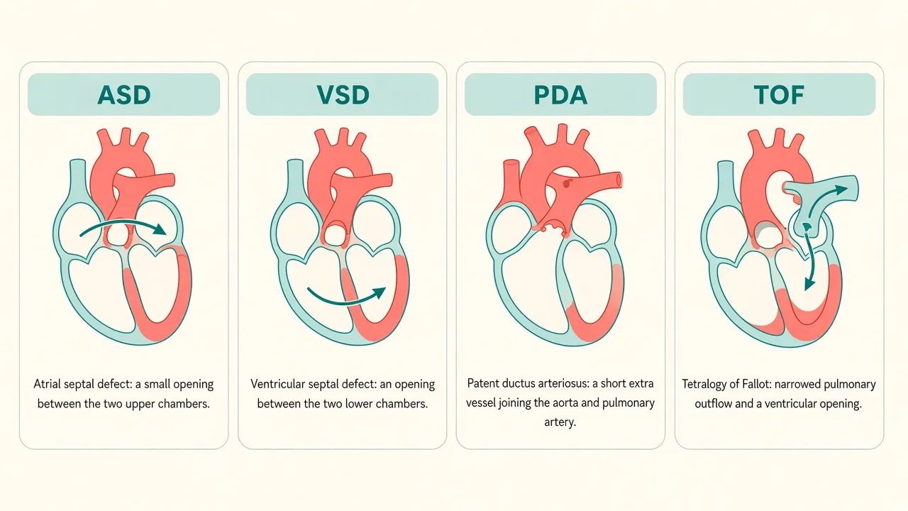 Educational illustration of ASD, VSD, PDA and tetralogy of Fallot schematics