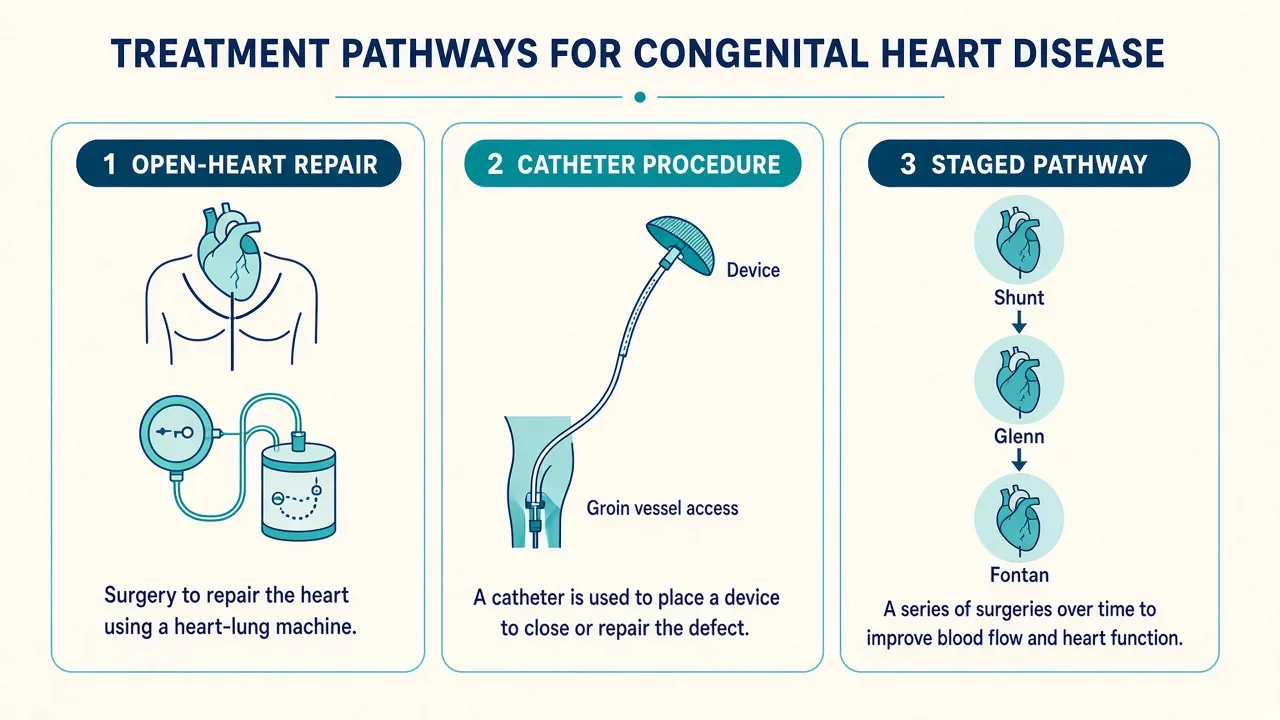 Educational illustration of open-heart, catheter and staged treatment pathways
