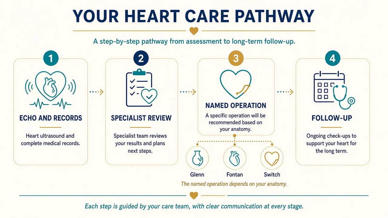 Educational illustration of the pathway from echo review to named operation and follow-up