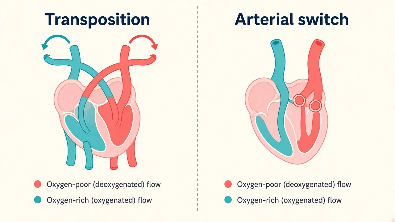 Educational illustration comparing transposition of the great arteries with an arterial switch