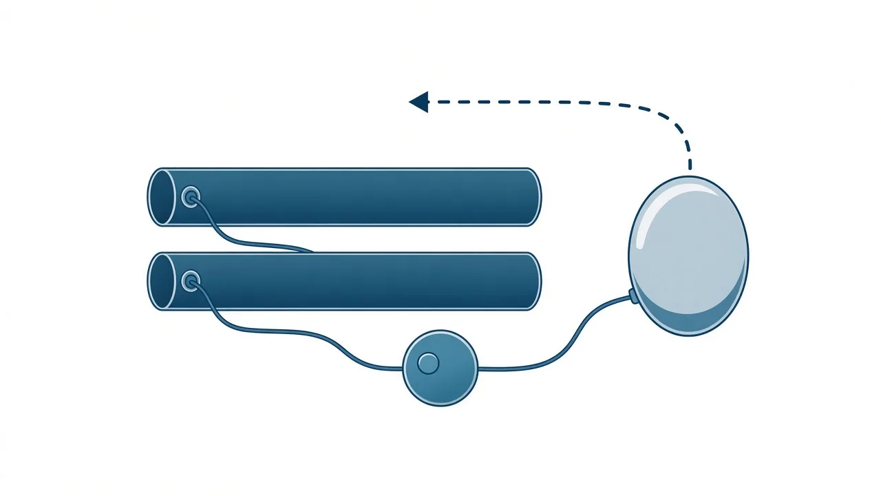Unlabeled schematic of cylinders, a pump and a reservoir connected by tubing