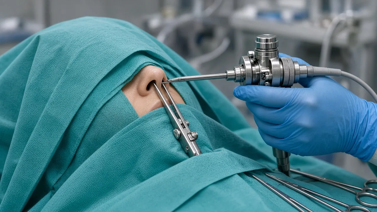 Endoscope introduced through the nostril toward the sphenoid sinus during transsphenoidal pituitary surgery