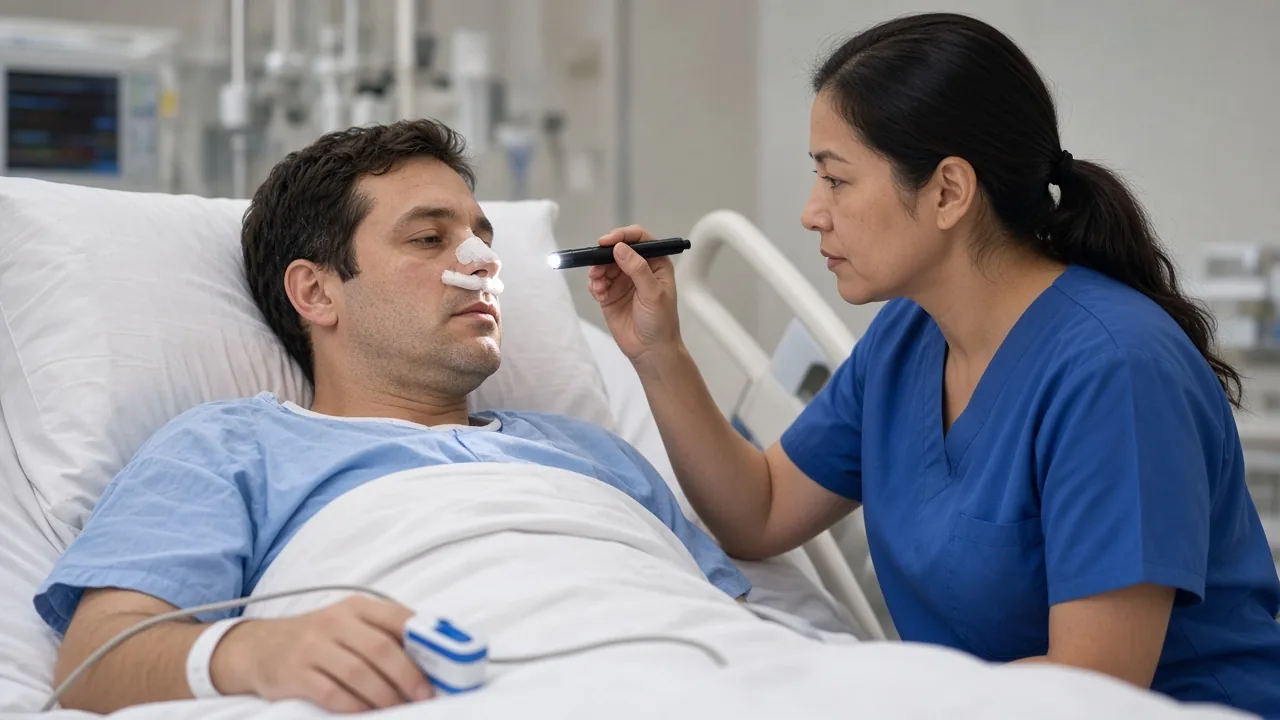 Neuro-ward nurse checking neurological status after pituitary tumor surgery