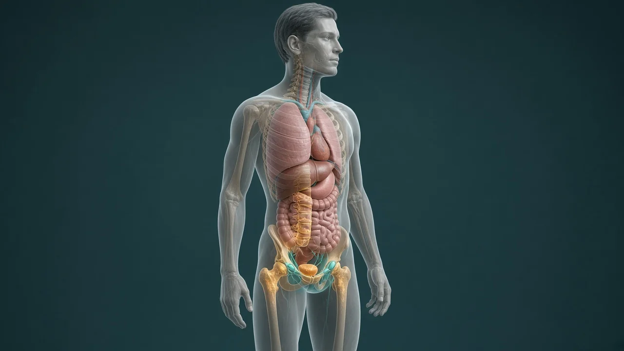 Transparent male body highlighting the prostate in the pelvis, nearby nodes and common distant bone sites