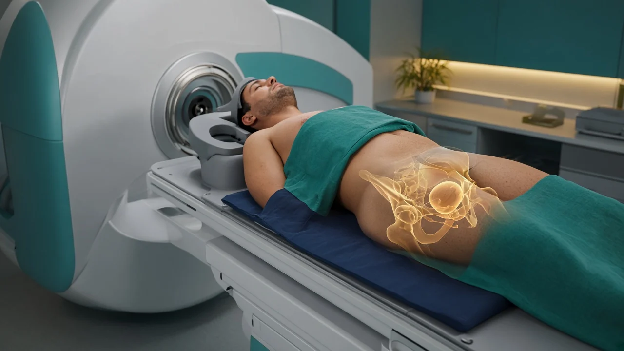 Male patient on a radiation couch with a pelvic-bone overlay showing the treatment target