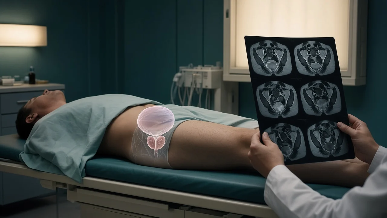 Male patient on a clinic couch with a pelvic organ overlay while a clinician reviews prostate MRI slices