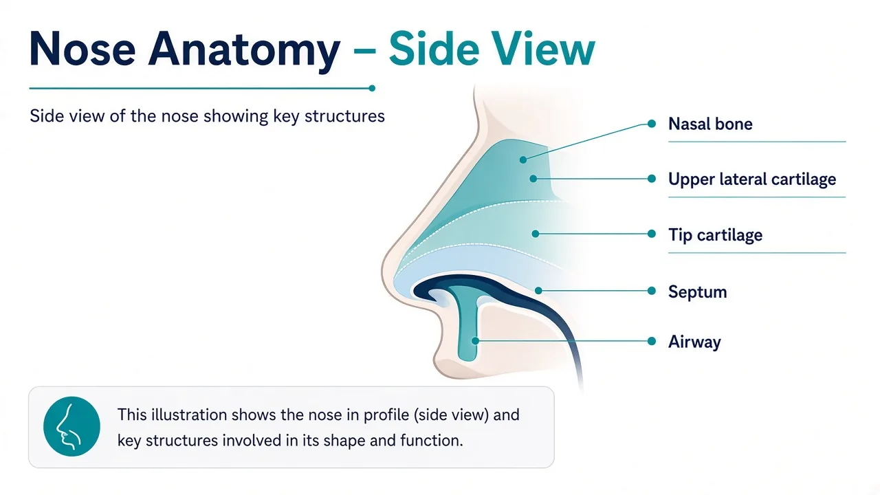 Medical illustration identifying nasal bone, upper lateral cartilage, septum, tip cartilage and airway structures relevant to rhinoplasty