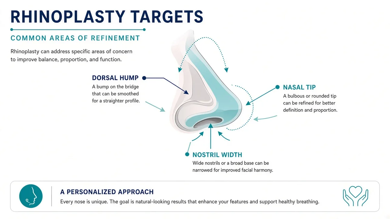 Educational illustration of common rhinoplasty targets including a dorsal hump, nasal tip and nostril width