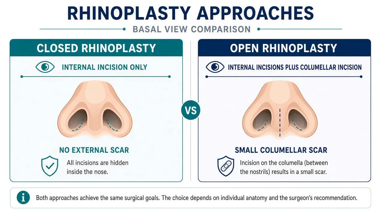 Clinical diagram comparing closed intranasal access with open columellar access during rhinoplasty