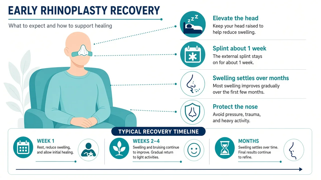 Rhinoplasty recovery pathway showing splint care, head elevation and swelling that settles over months