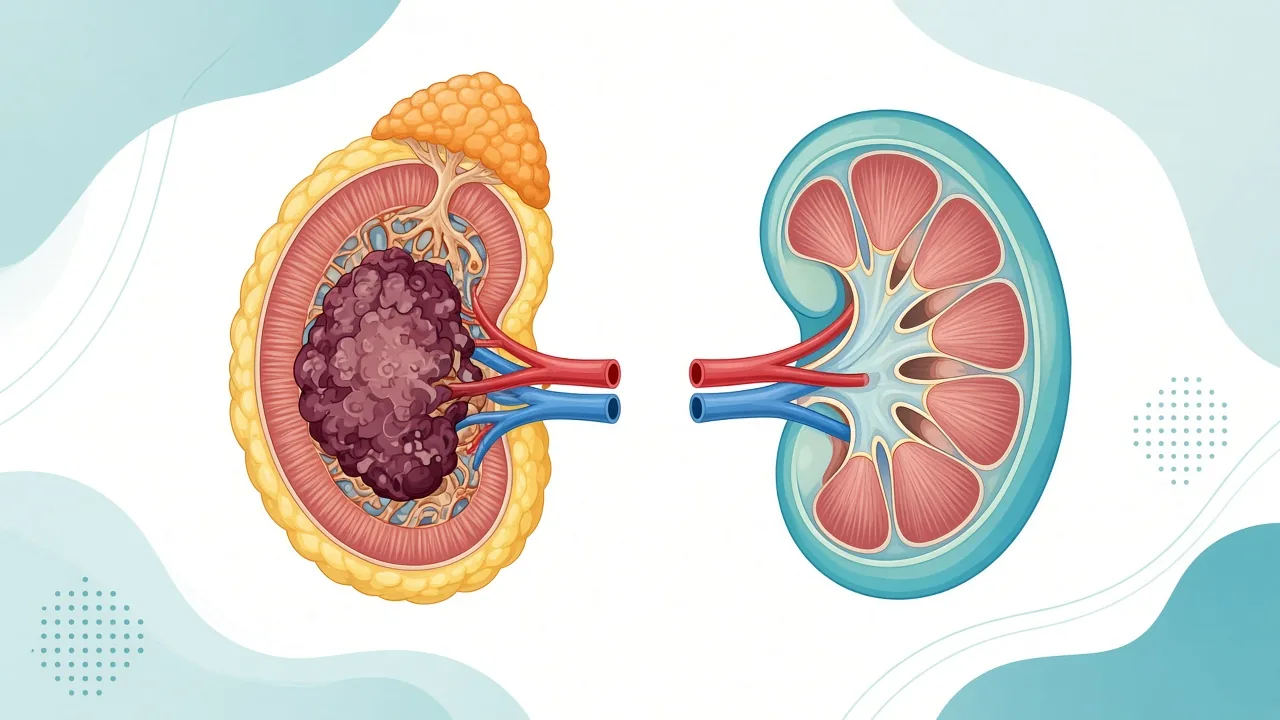 Unlabeled schematic of a kidney with a central tumour, surrounding fat, adrenal gland and a healthy opposite kidney