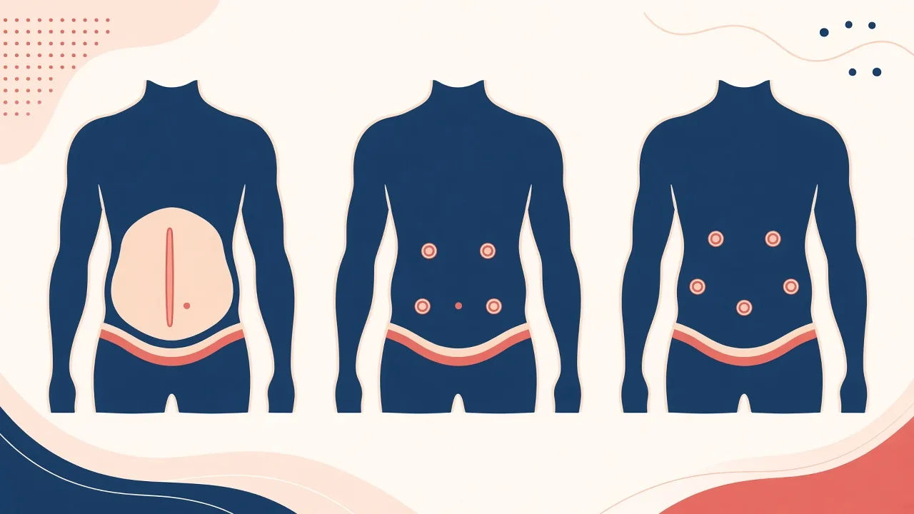 Unlabeled illustration of open, laparoscopic and robotic access on three abdomen silhouettes