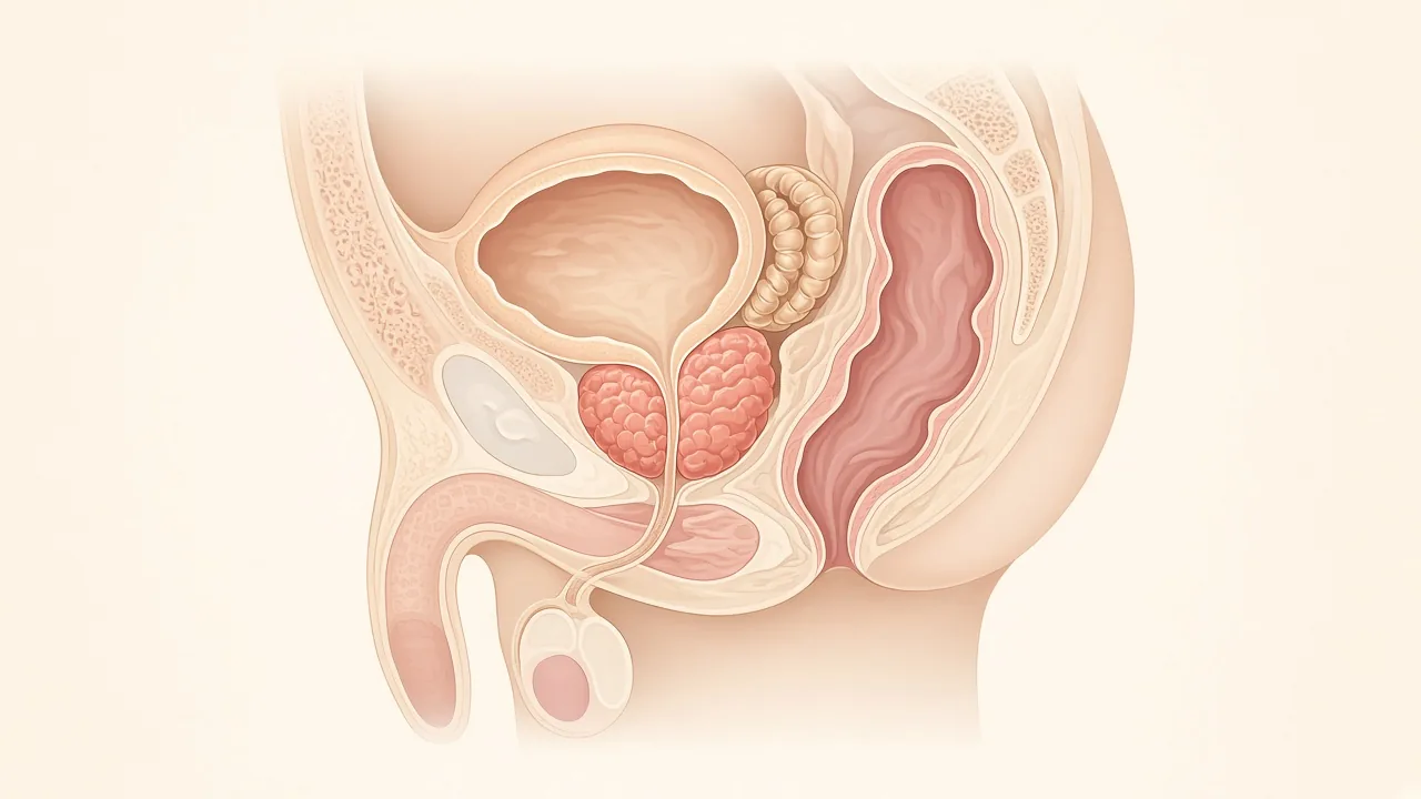 Unlabeled sagittal illustration of the male pelvis showing the bladder, prostate and seminal vesicles